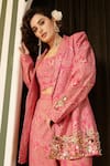 Soniya G_Pink Georgette Beads, Embroidery Open Floral Mandala Pattern Jacket Pant Set _at_Aza_Fashions