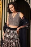 Soniya G_Blue Georgette, Organza Beads, Embroidery, Foil Navy Geometric Lehenga Set _at_Aza_Fashions