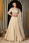 Buy_Soniya G_Ivory Georgette, Cotton Beads, Metallic Stripe Pattern Kalidar Lehenga Set _at_Aza_Fashions