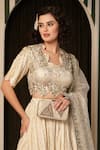 Soniya G_Ivory Georgette, Cotton Beads, Metallic Stripe Pattern Kalidar Lehenga Set _at_Aza_Fashions