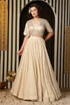 Buy_Soniya G_Ivory Georgette, Cotton Beads, Metallic Stripe Pattern Kalidar Lehenga Set 