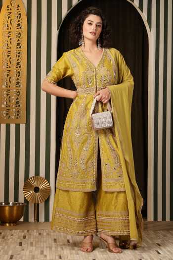 Buy_Soniya G_Yellow Silk, Georgette, Embroidery, Floral Kurta Gharara Set _at_Aza_Fashions