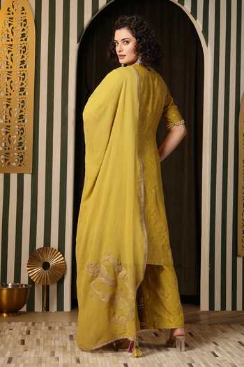 Shop_Soniya G_Yellow Silk, Georgette, Embroidery, Floral Kurta Gharara Set _at_Aza_Fashions