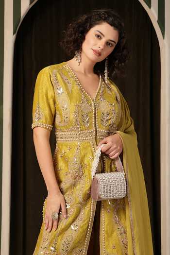 Buy_Soniya G_Yellow Silk, Georgette, Embroidery, Floral Kurta Gharara Set 
