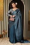 Buy_Soniya G_Blue Silk, Lycra Embroidery V-neck Pleated Saree And Floral Blouse Set _Online_at_Aza_Fashions