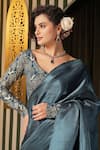 Soniya G_Blue Silk, Lycra Embroidery V-neck Pleated Saree And Floral Blouse Set _at_Aza_Fashions