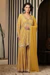 Buy_Soniya G_Yellow Georgette, Silk Mirrors, Embroidery Bandhani Print Peplum Top Gharara Set _at_Aza_Fashions