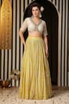 Soniya G_Beige Georgette Sequins, Gota Patti, Embroidery V-neck Floral Woven Lehenga Set _Online_at_Aza_Fashions