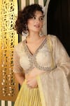 Soniya G_Beige Georgette Sequins, Gota Patti, Embroidery V-neck Floral Woven Lehenga Set _at_Aza_Fashions
