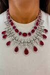 PRERTO_Red Rhinestones Ruby And Diamond Stone Necklace & Earring Set_Online_at_Aza_Fashions