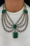 Buy_PRERTO_Emerald Green Stones Kundan 3-layer Necklace Set _at_Aza_Fashions