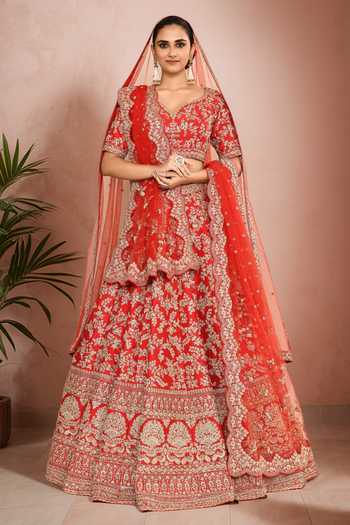 Buy_Kalighata_Red Silk, Net Sequins, Cut Work, Embroidery Hand Bridal Lehenga Set _at_Aza_Fashions