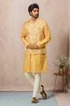 Buy_Arihant Rai Sinha_Yellow Silk Embroidery Floral Vine Print Bundi With Kurta _at_Aza_Fashions