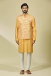 Arihant Rai Sinha_Yellow Silk Embroidery Floral Vine Print Bundi With Kurta _Online_at_Aza_Fashions