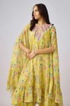 Basanti - Kapde Aur Koffee x AZA_Yellow Chinon Printed Floral Blouse Sweetheart Cape And Sharara Co-ord Set _Online_at_Aza_Fashions