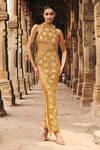 Buy_Itrh_Gold Net, Taffeta Stones, Fringe Round Neck Embroidered Maxi Dress_at_Aza_Fashions