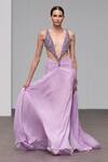 Itrh_Purple Chiffon, Viscose, Taffeta Stones Plunge Neck Embellished Maxi Dress_at_Aza_Fashions