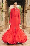 Buy Itrh Red Georgette, Crepe Collared Feather Embellished Blazer Gown Set at Aza Fashions Buy_Itrh_Red Georgette, Crepe Collared Feather Embellished Blazer Gown Set_at_Aza_Fashions