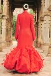 Shop Itrh Red Georgette, Crepe Collared Feather Embellished Blazer Gown Set at Aza Fashions Shop_Itrh_Red Georgette, Crepe Collared Feather Embellished Blazer Gown Set_at_Aza_Fashions