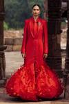 Itrh Red Georgette, Crepe Collared Feather Embellished Blazer Gown Set Online at Aza Fashions Itrh_Red Georgette, Crepe Collared Feather Embellished Blazer Gown Set_Online_at_Aza_Fashions