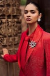 Itrh Red Georgette, Crepe Collared Feather Embellished Blazer Gown Set at Aza Fashions Itrh_Red Georgette, Crepe Collared Feather Embellished Blazer Gown Set_at_Aza_Fashions