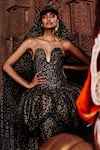 Itrh_Black Crepe Crystals Plunge Neck Leopard Print Bubble Top And Fish Skirt_at_Aza_Fashions