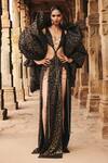 Buy_Itrh_Black Crepe Print Leopard Plunge Dress With Cape_at_Aza_Fashions