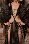 Itrh_Black Crepe Print Leopard Plunge Dress With Cape_Online_at_Aza_Fashions