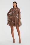 Buy_Mac Duggal_Brown Polyester Beads, Sequins Round Neck Embroidered Mini Dress _at_Aza_Fashions