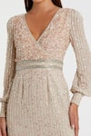 Mac Duggal_Beige Polyester Sequins, Beads V-neck Embroidered Midi Dress _Online_at_Aza_Fashions