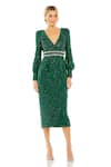 Buy_Mac Duggal_Green Polyester Sequins V-neck Emerald Embroidered Midi Dress _at_Aza_Fashions