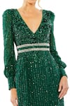 Mac Duggal_Green Polyester Sequins V-neck Emerald Embroidered Midi Dress _Online_at_Aza_Fashions