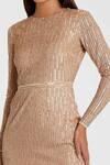 Mac Duggal_Beige Polyester Cut Work, Sequins Round Neck Embroidered Short Dress _Online_at_Aza_Fashions