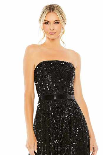 Mac Duggal_Black Polyester Cut Work, Sequins Off-shoulder Cutdana Embroidered Tube Dress _Online_at_Aza_Fashions