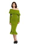 Buy_Mac Duggal_Green Kota Doria Fringe Off-shoulder Off Knitted Dress _at_Aza_Fashions