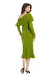 Shop_Mac Duggal_Green Kota Doria Fringe Off-shoulder Off Knitted Dress _at_Aza_Fashions