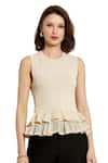 Buy_Mac Duggal_Ivory Polyester Ruffles Round Neck Geometric Layered Knit Top _at_Aza_Fashions