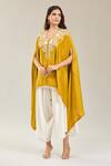 Shop_Prisho_Yellow Embroidery V-neck 3d Flower Kaftan And Draped Pant _Online_at_Aza_Fashions