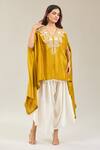 Prisho_Yellow Embroidery V-neck 3d Flower Kaftan And Draped Pant _at_Aza_Fashions