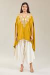 Buy_Prisho_Yellow Embroidery V-neck 3d Flower Kaftan And Draped Pant 