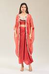 Shop_Prisho_Peach Cotton Beads, Embroidery Round Neck Floral Dori Cape And Skirt Set _Online_at_Aza_Fashions