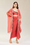 Buy_Prisho_Peach Cotton Beads, Embroidery Round Neck Floral Dori Cape And Skirt Set 