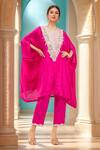Buy_Prisho_Pink Silk Embroidery Round Neck Floral Resham Kaftan And Pant Set _at_Aza_Fashions