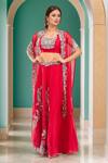 Buy_Prisho_Red Chiffon Embroidery Round Neck Kairi Cape Lehenga Set _at_Aza_Fashions