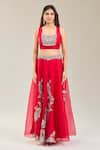 Prisho_Red Chiffon Embroidery Round Neck Kairi Cape Lehenga Set _Online_at_Aza_Fashions