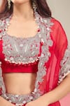 Buy_Prisho_Red Chiffon Embroidery Round Neck Kairi Cape Lehenga Set _Online_at_Aza_Fashions
