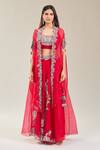 Shop_Prisho_Red Chiffon Embroidery Round Neck Kairi Cape Lehenga Set _Online_at_Aza_Fashions