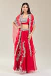 Prisho_Red Chiffon Embroidery Round Neck Kairi Cape Lehenga Set _at_Aza_Fashions