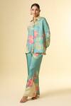 Shop_Paulmi And Harsh_Blue Silk Beads, Embroidery Collared Flower Bloom Print Shirt And Pant Set_Online_at_Aza_Fashions