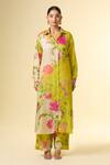 Shop_Paulmi And Harsh_Green Silk Embroidery Collared Floral Vine Printed Shirt Tunic And Pant Set_Online_at_Aza_Fashions